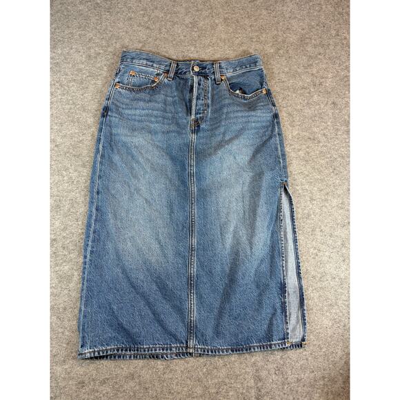 Levis Denim Jean Side Slit Midi Skirt Womens 29 Blue 5 Pockets Faded Button Fly - Picture 1 of 9